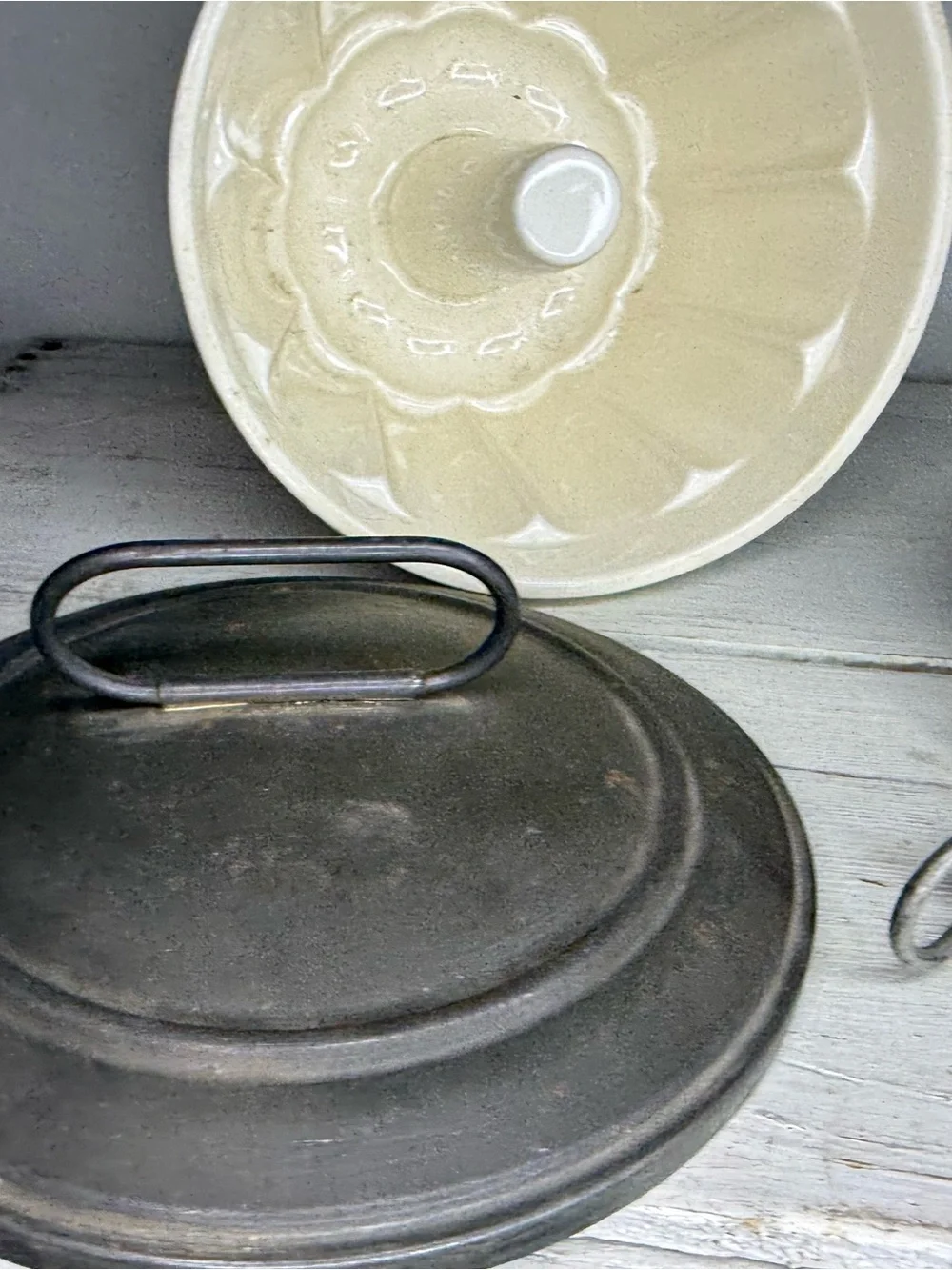 Antique Creamy White German Steam Pudding Mold w/ Tin Lid & Side Locking Latch